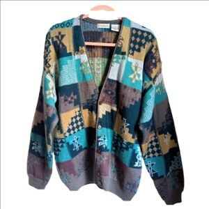 CACHAREL VINTAGE French Patchwork Pastel Wool Grandpa Knit Cardigan Size Large